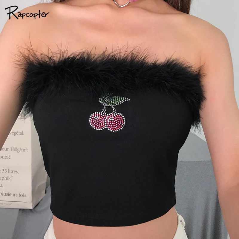 

Rapcopter Women Casual Patchwork Feather Crop Tops Female Rhinestone Cherry Popular 2019 Summer Streetwear Skinny Short TankTops