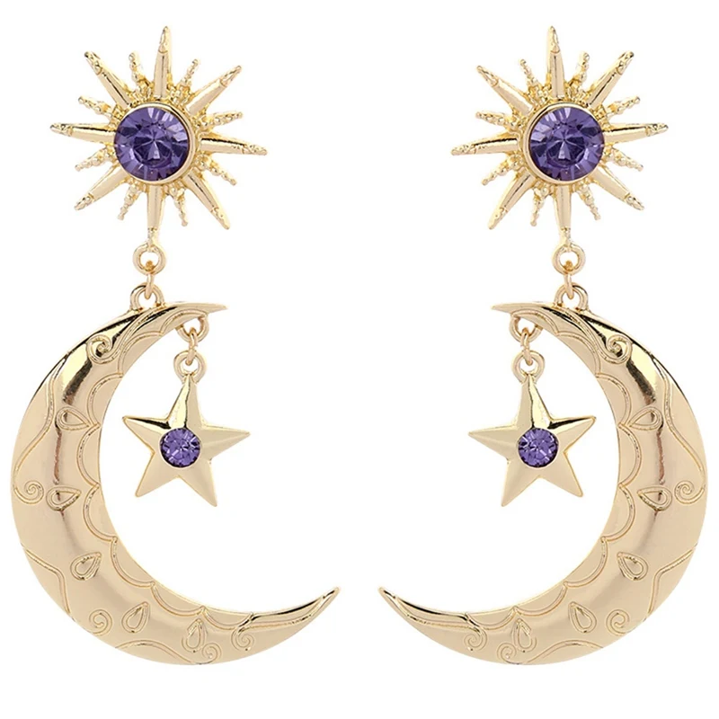 

1Pair Women's Europe And The United States Wind Sun Stars Moon Pendant Earrings Creative Exaggerated Inlaid Rhinestone Earrings