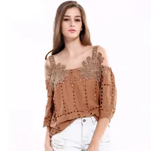 New Arrival 2017 women Loose Cotton Sexy Street Wear Hollow Camis shirts Lady Appliques Floral Vintage Tops Clothings SLYA05