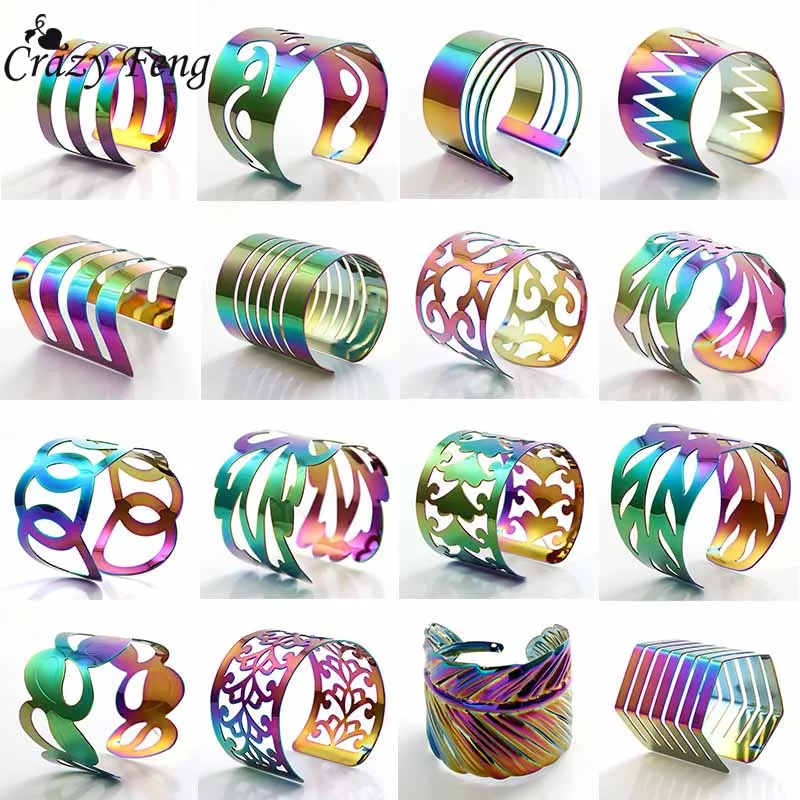 

Ladies Multi Color Wide Bangle Bracelet Bijoux Mujer Bohemia Ethnic Heart Love Feather Opening Pulseiras Cuff Costume Jewelry