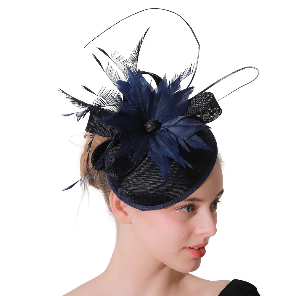 

Vintage millinery Imitation linen Fascinator Ladies navy Hat Weddings Church Fedora Pillbox Hat With Veil Derby Women Dress Hats