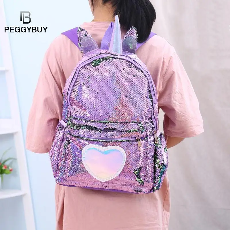 Школьные сумки для девочек-подростков, дорожный рюкзак с блестками в форме сердца, женские блестящие школьные сумки на плечо, mochila feminina