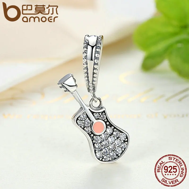 BAMOER 925 пробы Серебряный музыкальный инструмент популярный кулон Гитара fit талисманы браслеты для женщин модные украшения SCC113