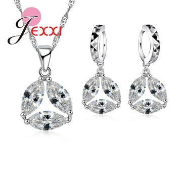 

Round Drop Shape 3 CZ Crystal 925 Sterling Silver Modern Jewelry New Design Necklace And Drop Earrings Hot Selling Jewelry Sets
