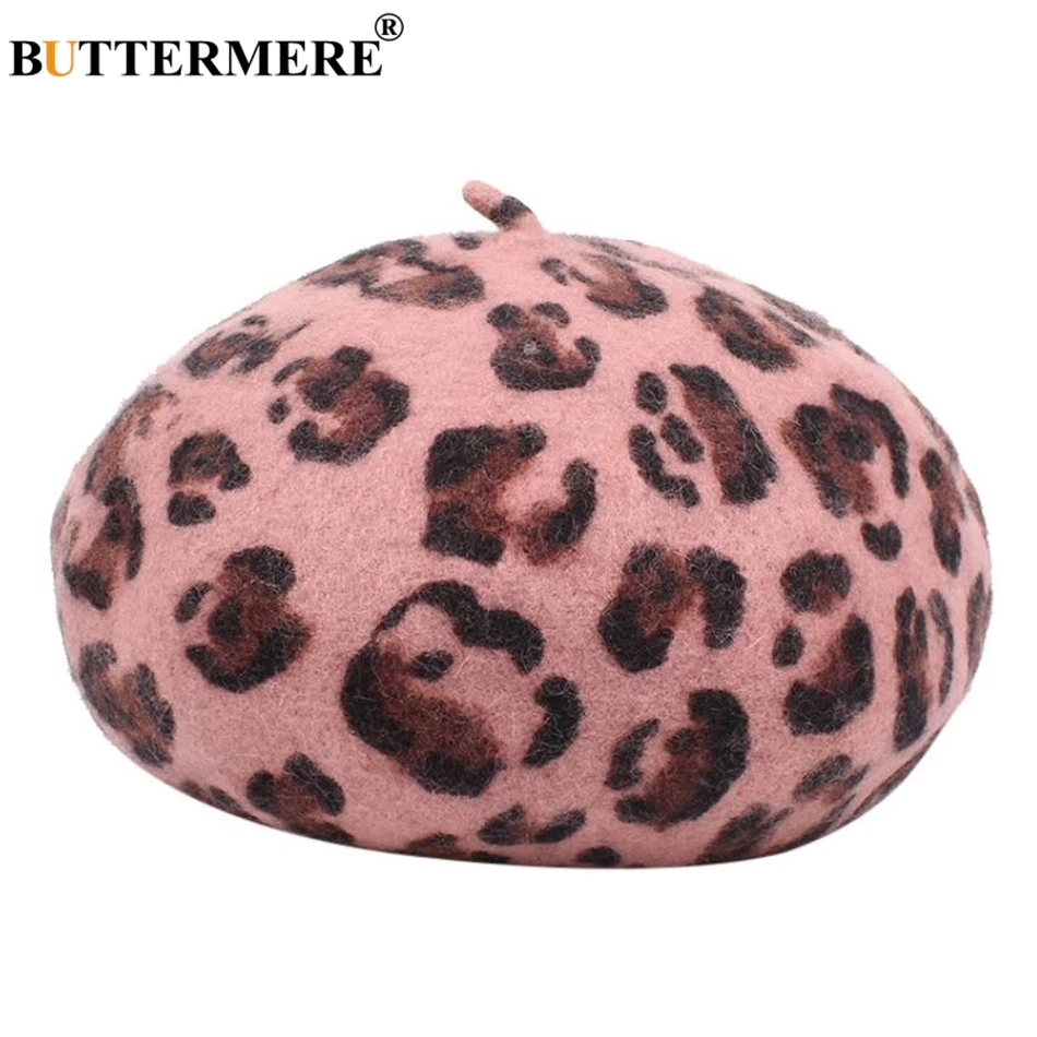 

BUTTERMERE Women Pink Leopard Pure Wool Beret Hats Caps Ladies French Beret Women Autumn Winter Girl Retro Pumpkin Hat