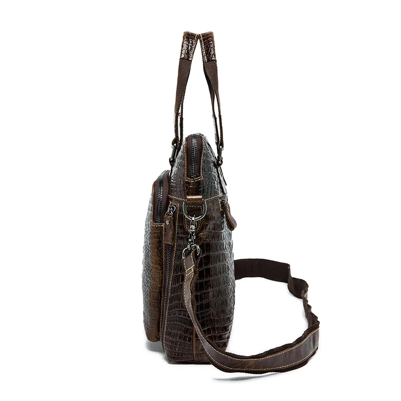 Fashion Business Genuine Leather Men Shoulder Bags Crocodile Embossed Leather Upright Brown Zipper Closure Men Handbags