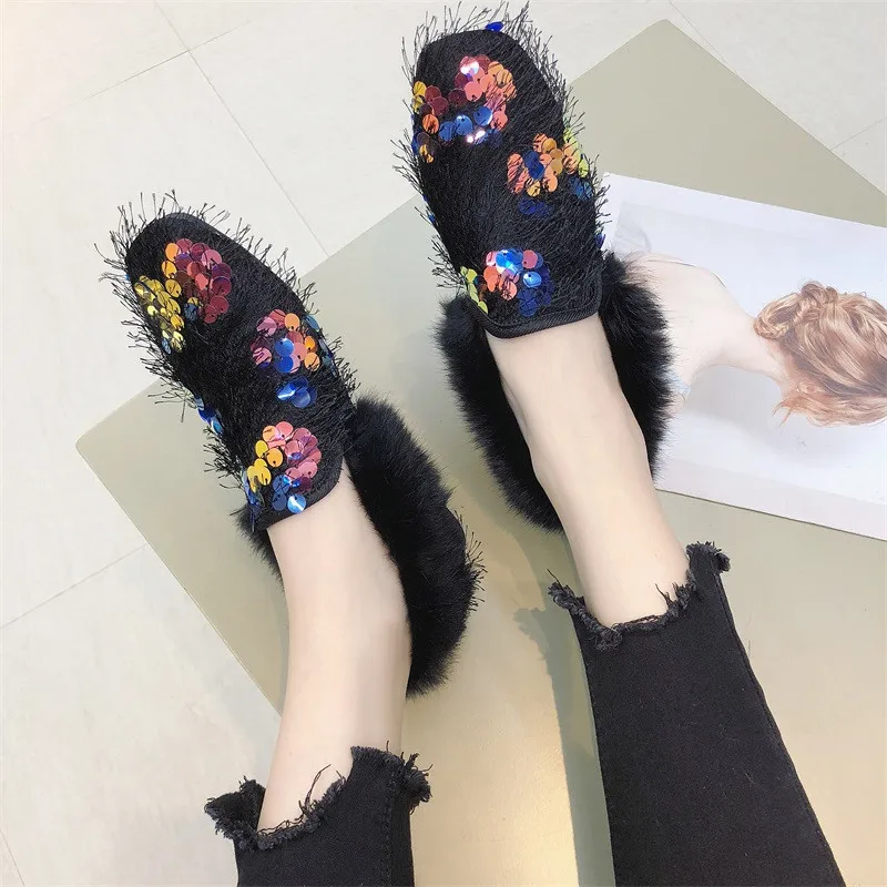 

Glitter Fur Loafers Women Flats Shoes Fur Moccasins 2019 Winter Female Shoes Ladies Flats Slip On shoes for Women Zapatos Mujer