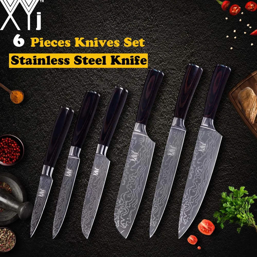 

XYj Kitchen Knife Set Color Wood Handle 7cr17 Stainless Steel Damasucs Pattern Thin Blade 6 Piece Knives Cooking Accessories