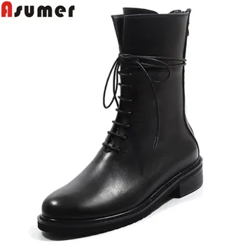 

ASUMER 2020 new boots women med heels black lace up boots classic cross tied mid calf boots ladies prom shoes big size 34-42
