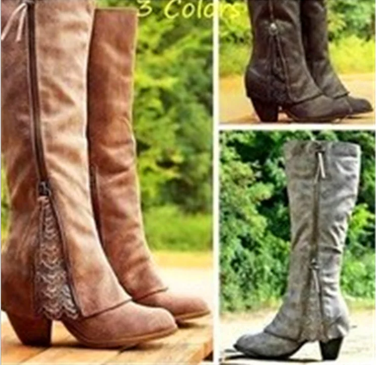 

2018 NEW Women Fashion Riding Boots Fold Over Design Near with Lace Detailing At Edge Ankle Boots Black Knee-High Botas Mujer