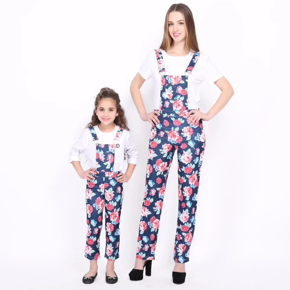 Puseky Family Mother Daughter Match Floral Suspender Pants Long