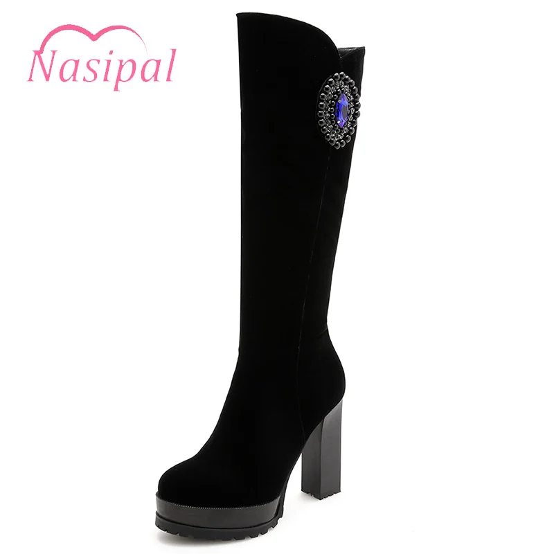 

Nasipal Fashion Black Knee High Boots For Women Thick Heels Autumn Winter Platform Shoes High Heels Black Zipper Ladies Boots