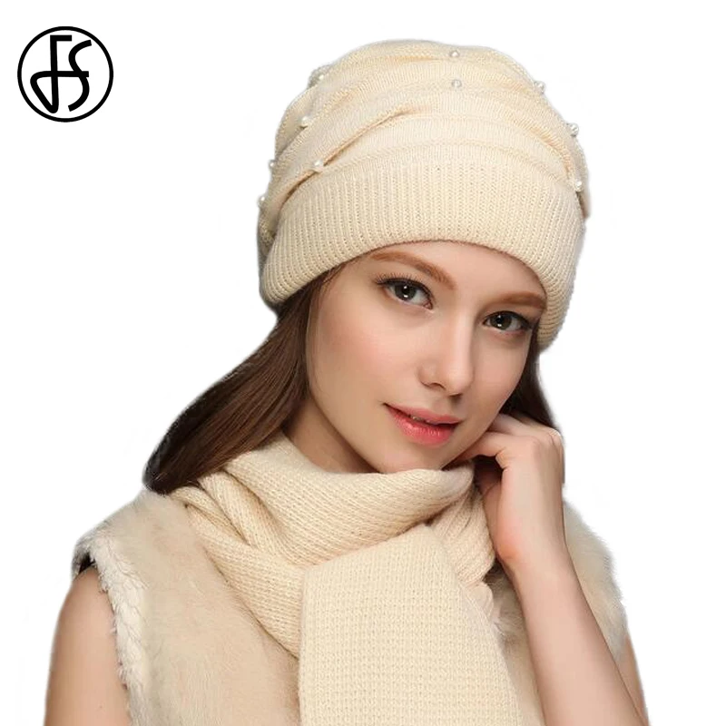 Koop FS Vrouwen Winter Hoeden Gebreide Wol Konijn Braid Caps Met Faux Parel Vrouwelijke Skullies Mutsen 2018 Slouchy Cap Met Sjaal warm