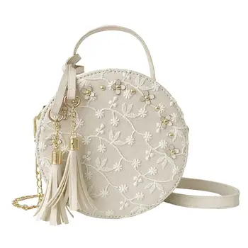 

Women Floral Lace Rivets Tassel Zipper Round Tote Shoulder Crossbody Bag