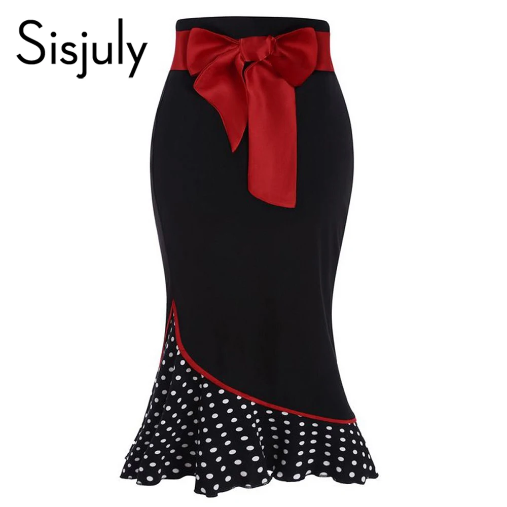 

Sisjuly Polka Dot Patchwork Red Bowknot Mermaid Skirt Vintage Sexy Bodycon Women Skirt Girl Black Sheath Party Female Bottom