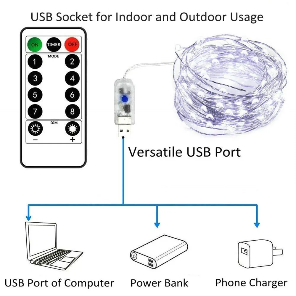 Светодиодный гирлянды штепсельную вилку в питаемые через USB порт 10 м 100 Светодиодная серебряная проволока Сказочный свет с пультом дистанционного управления Управление для Спальня патио DIY Рождество