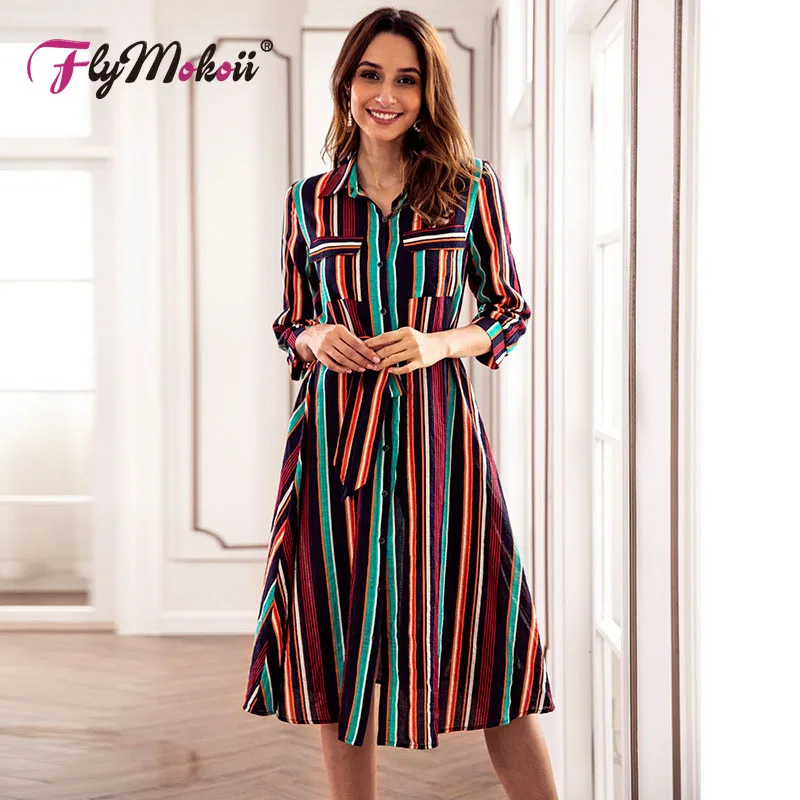 

Flymokoii New Arrival Women Striped Dress 2019 Casual A-Line Sashes Turn-down Collar Loose Size Mid-Calf Lady Dresses for Autumn