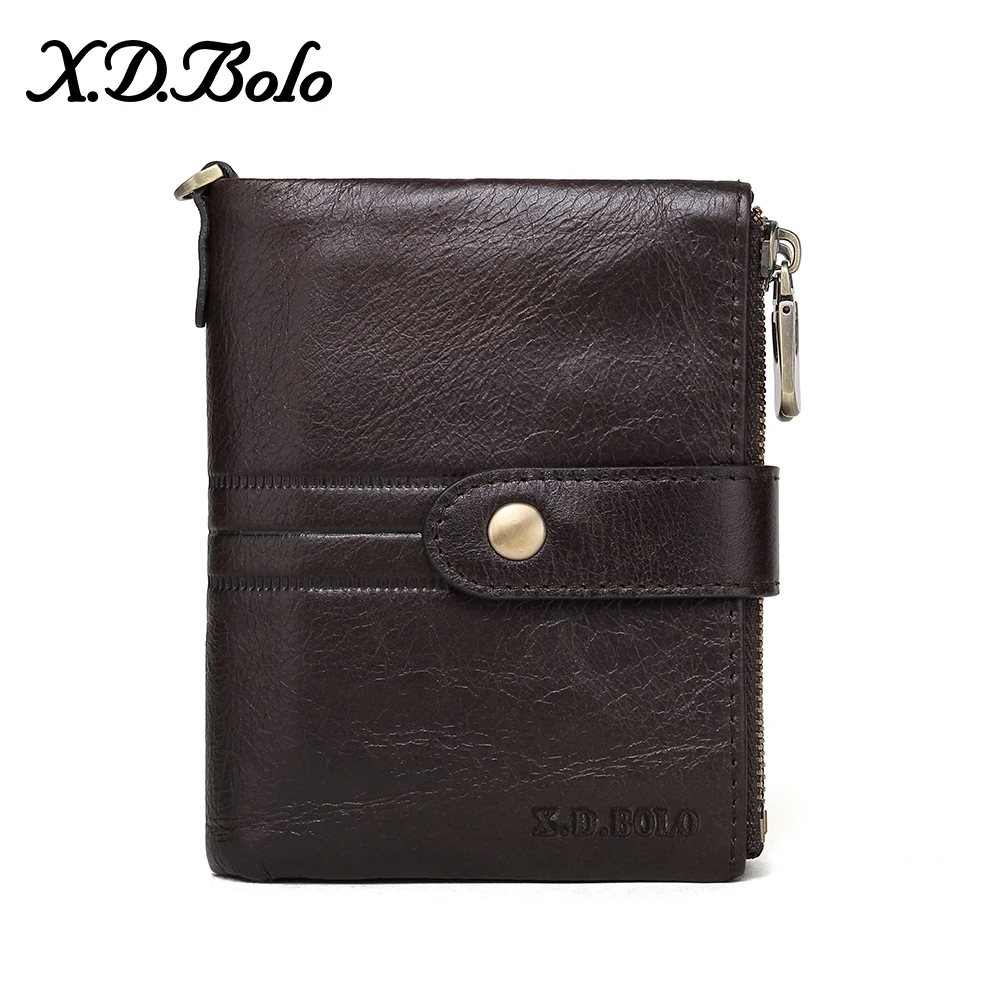 

X.D.BOLO Genuine Leather Men Wallets Double Zipper Hasp Design Small Wallet Male High Quality Short Card Holder Coin Purse