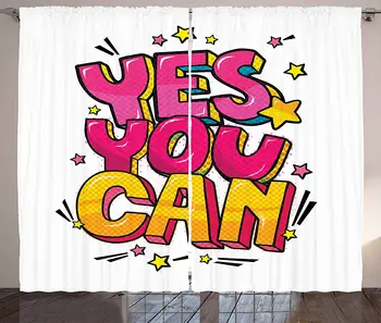 

Quote Curtains Motivational Yes You Can Message Graffiti Word Bubble Style with Stars Living Room Bedroom Window Decor Panel