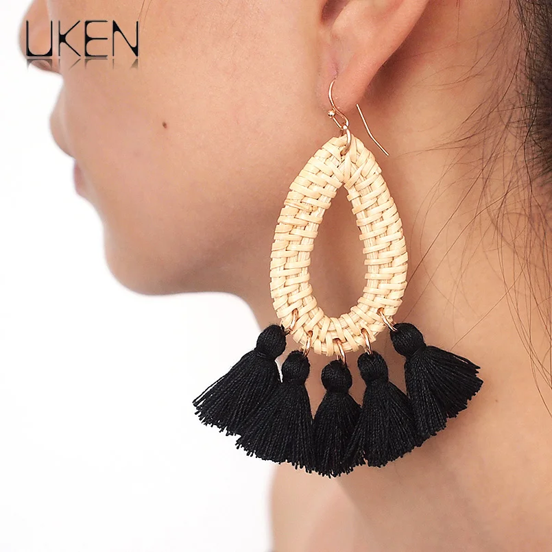 Buy Geometric Straw Rattan Knit Tassels Earrings