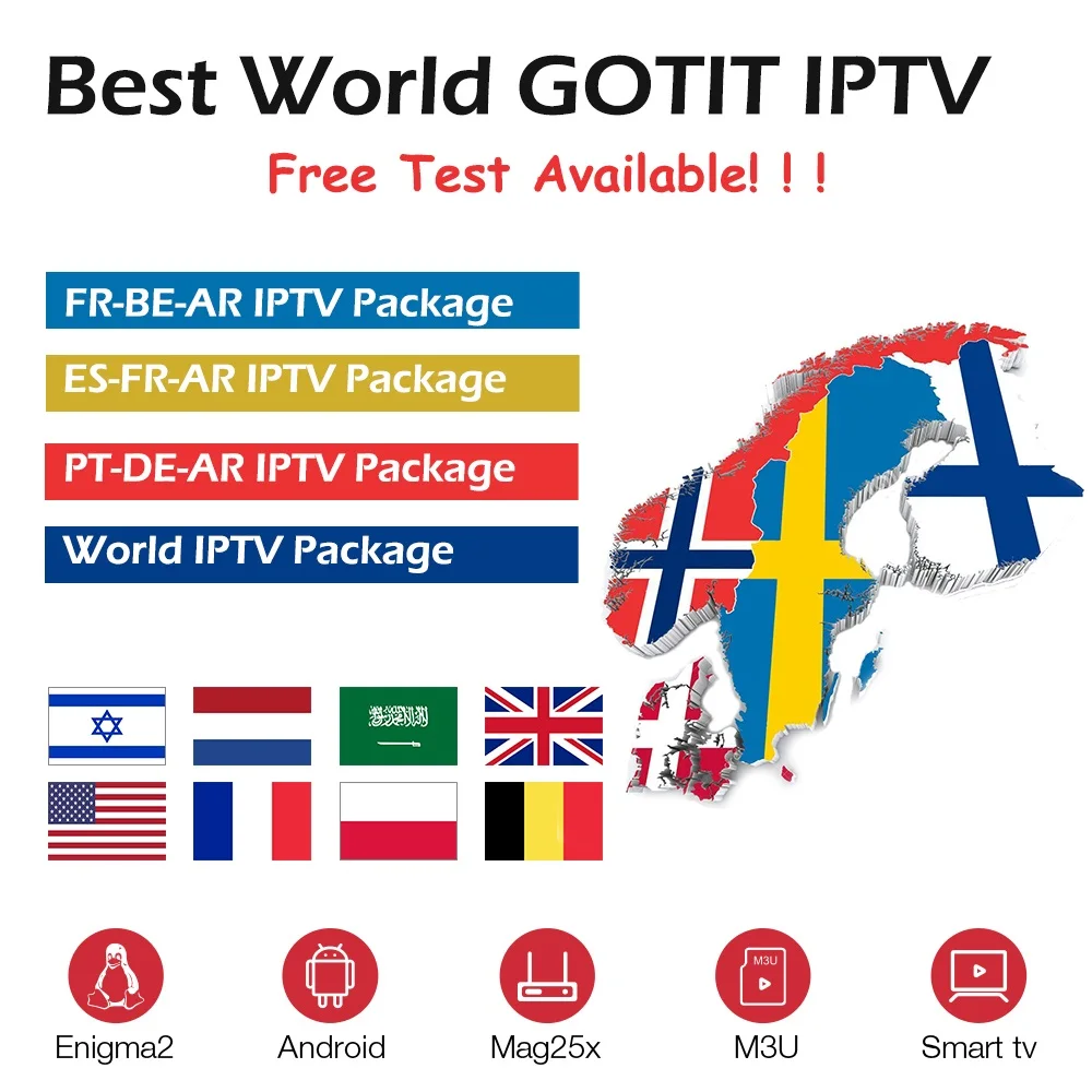 

GOTIT Best World IPTV Subscription For French Arabic Swedish Spanish Portuguese Israel Holland Nordic IP TV Android Smart TV M3U