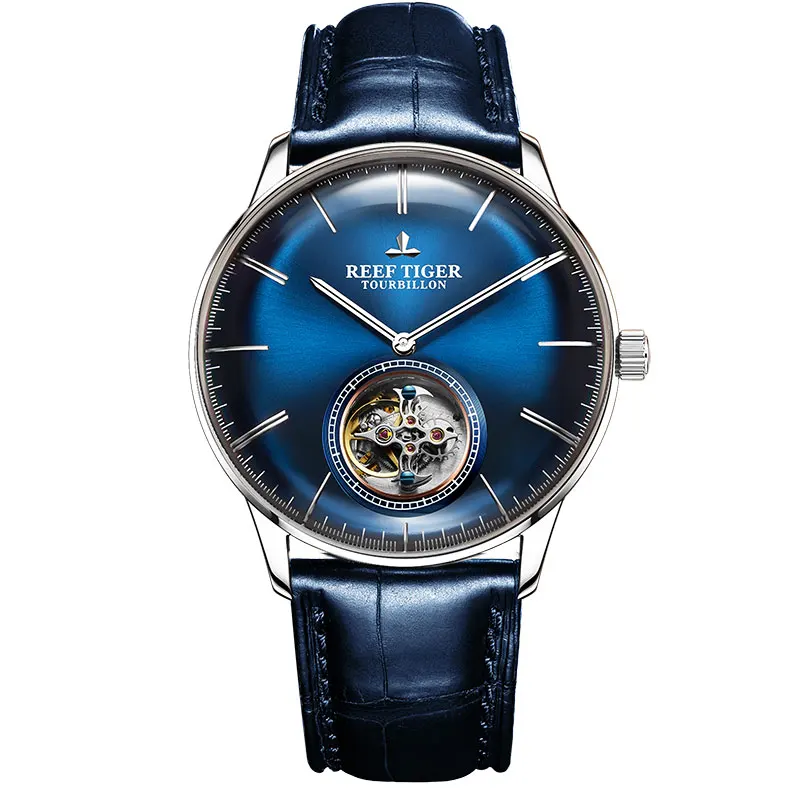 Мужские автоматические механические часы Reef Tiger/RT Blue Tourbillon ремешок из