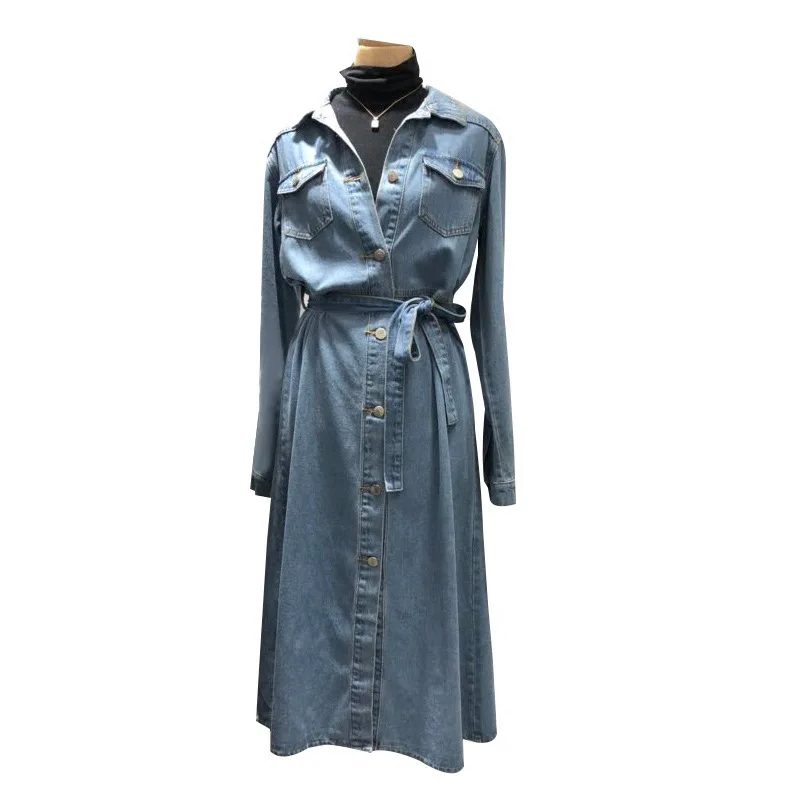 WSYORE Vintage Mid-long Jeans Dress 2019 New Spring and Autumn Women Wild Single-breasted Casual Denim Dress Female NS1042