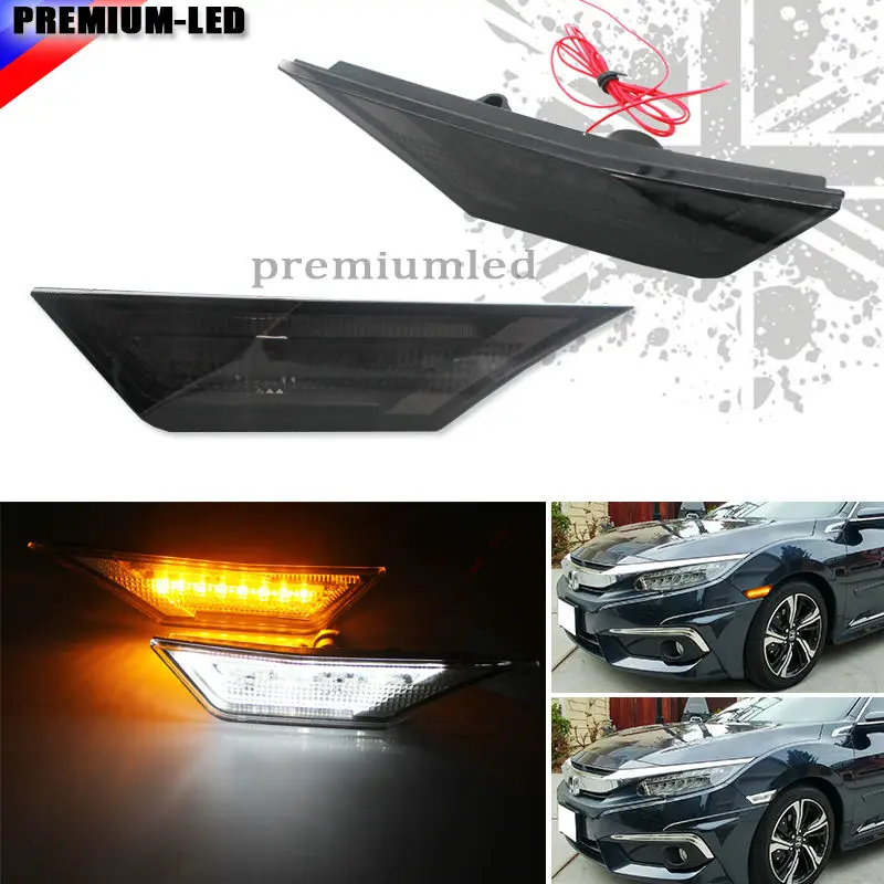 Civic LED Side Marker Lights For 2016-2020 Honda Civic Sedan Coupe Hatchback Smoked Lens Sidemarker Amber LED Turn Signal /White LED Running/Position/Parking Lights OEM#H02551127N 