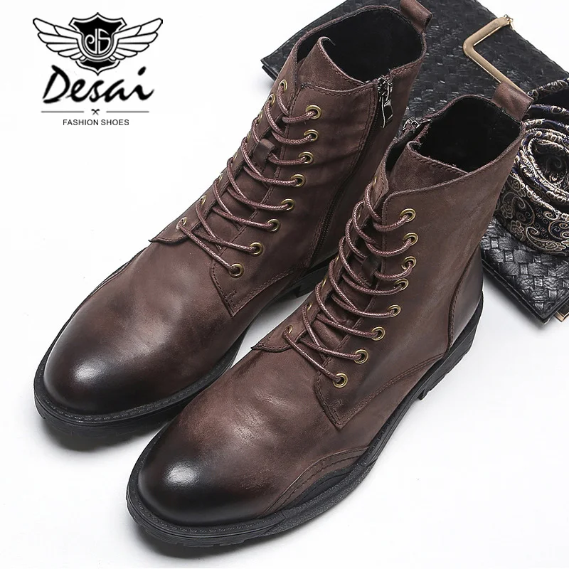 Men's Genuine Leather Military Boots New Side Zipper High Boots Men Casual Work Boots 2019 Autumn Winter Men High Top Shoes