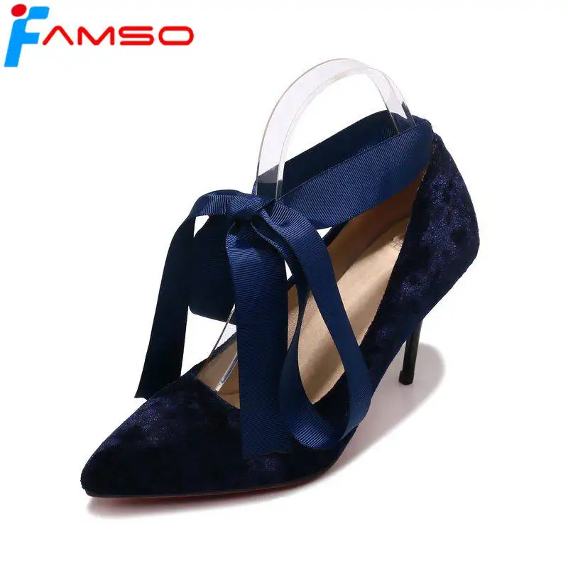 

FAMSO 2018 New Spring Arrival Shoes Pointed Toe Shallow Shoes red Wedding Shoes Lace-up Big Size34-43 Office Ladies Pumps Shoes