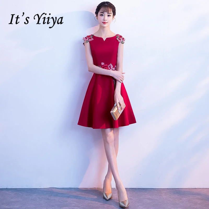 

It's YiiYa Cocktail Dresses Elegant Embroidery Red Formal Party Dress Royal Flowers Satin A-line Knee Length Prom Gowns E311