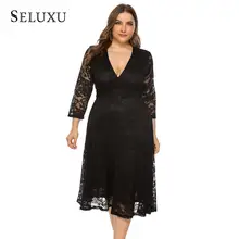 Seluxu 2019 Women Dress Plus Size Women Dress Sexy V-Neck Lace Dress Patchwork Long Dress Long Sleeve Solid Color Party Dress stylish scoop neck long sleeves solid color lace dress for women