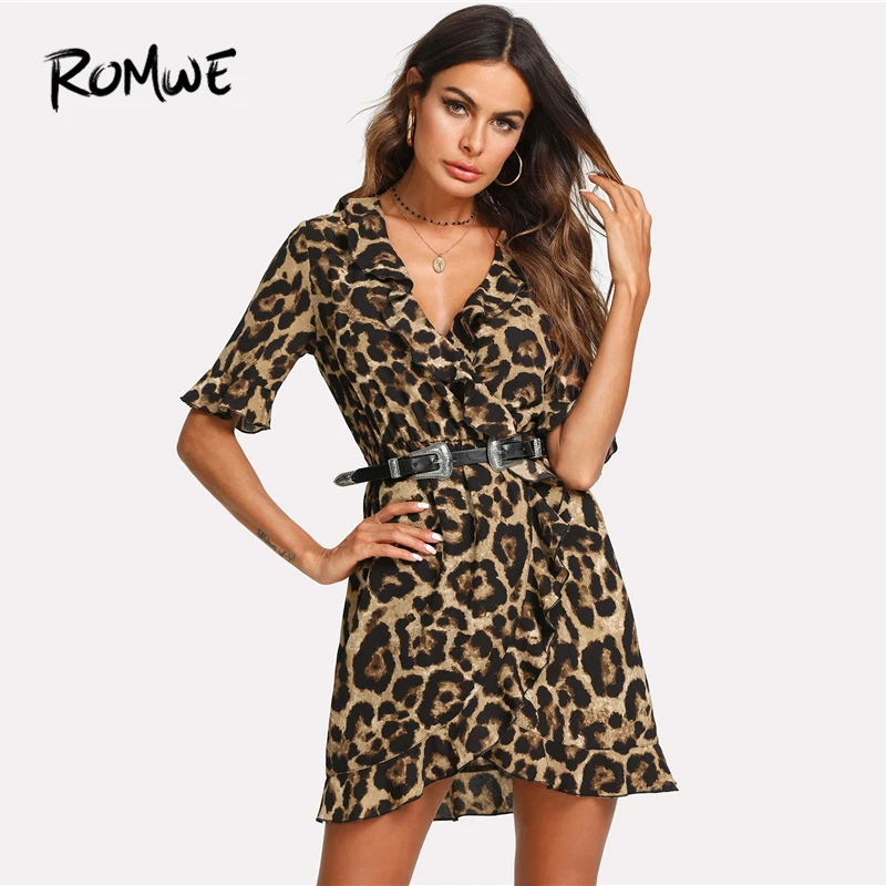 ROMWE Ruffle Trim Surplice Wrap Leopard Dress 2019 Fashion Half Sleeve High Waist Flounce Sleeve Mini Women Sexy Summer Dress
ROMWE Ruffle Trim Surplice Wrap Leopard Dress 2019 Fashion Half Sleeve High Waist Flounce Sleeve Mini Women Sexy Summer Dress
