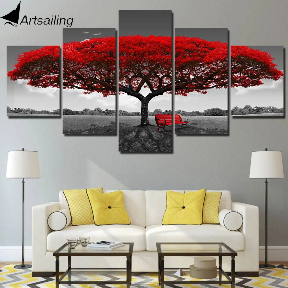 لوحات فنية مكونة من 5 ألواح مطبوعة من Artsailing من القماش على شكل شجرة حمراء بصور نمطية صور جدارية كبيرة لغرفة المعيشة Picture Wall The Paintingscanvas Art Aliexpress
