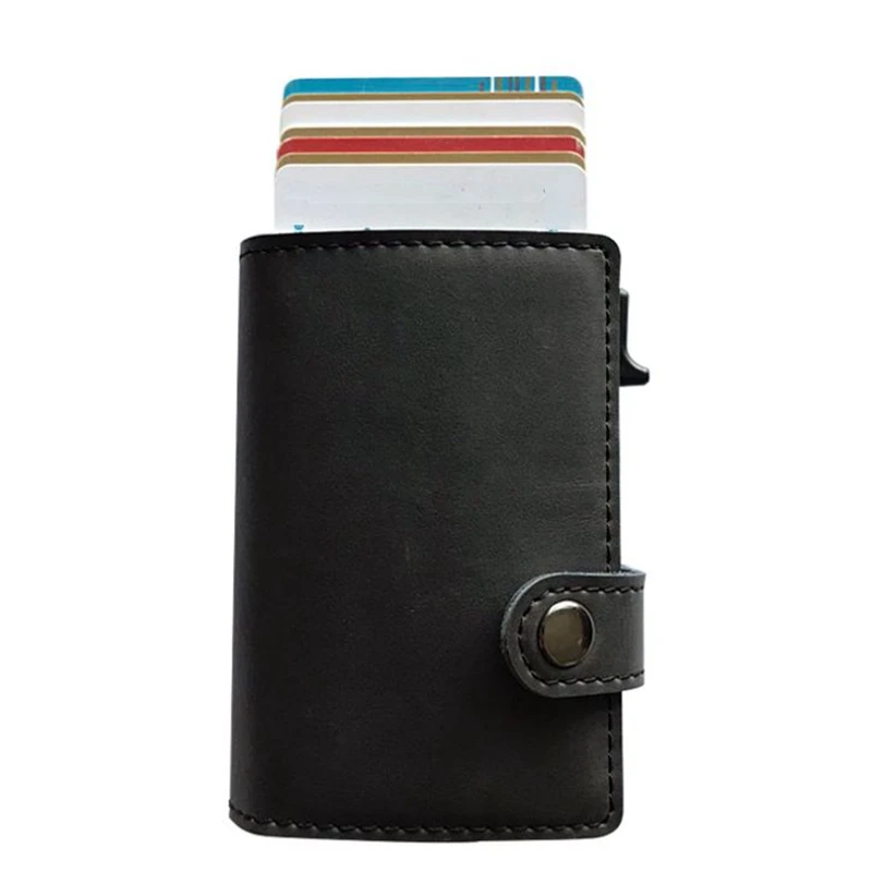 

2019 New Men Women Aluminum Alloy Side Push RFID Card Case Mini Genuine Leather Credit Card Wallet Vintage Business Card Holders