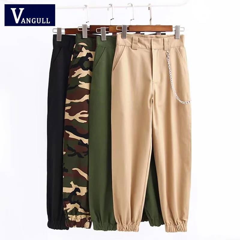

Vangull Harem Pants Womens Jogger Pant Ankle-length 2019 New Spring Fashion Female Side Metal Chain Casual Cargo Pant Camo Print