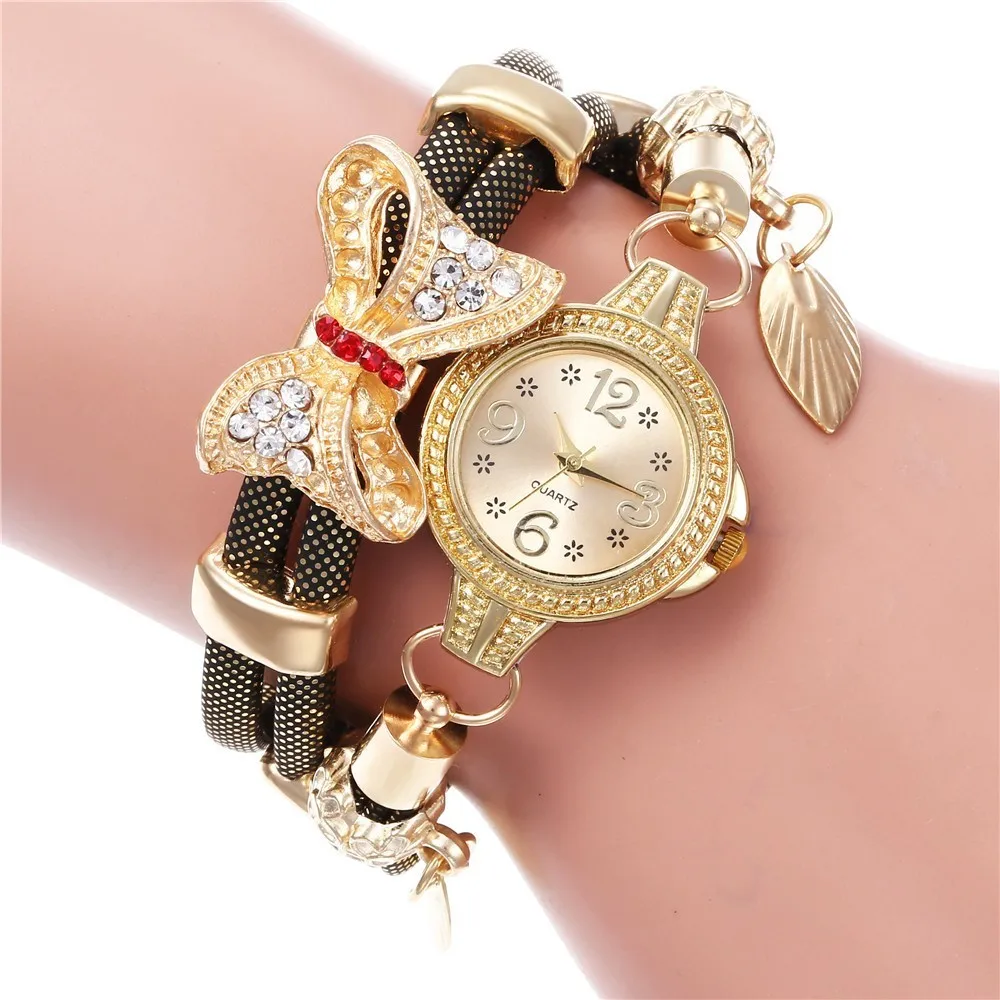 Женские часы-браслет в стиле ретро, высокое качество, изысканные, с бантом, с подвеской, кварцевые, relogio feminino reloj mujer, часы - Цвет: black with gold