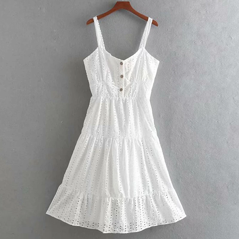 Women's Clothing Dress 2019 Cotton Cutout Embroidered V-Neck Dress Ms Summer Street Sexy Slim Fit Temperament Clothing