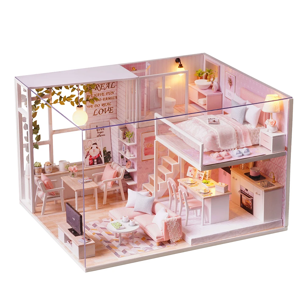 

DIY Miniature Loft Dollhouse Kit Realistic Mini 3D Pink Wooden Handmade Doll House Room Toy Home Decoration for Children Gift