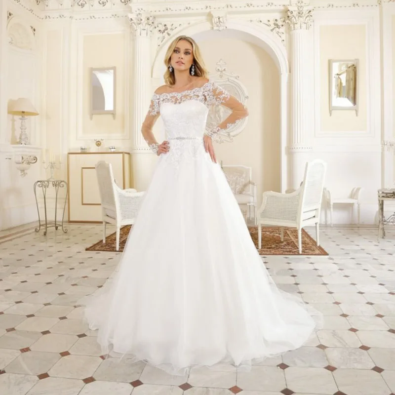 

Eightale Boat Neck Wedding Dress Plus Size Long Sleeve Appliques Lace A-Line Vintage Wedding Gowns Tulle Bride Dress Customized