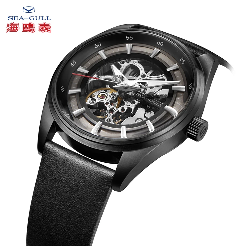 SEA-GULL бизнес часы мужские механические наручные часы 50 м водонепроницаемые черные кожаные мужские часы с пряжкой 819.92.6076