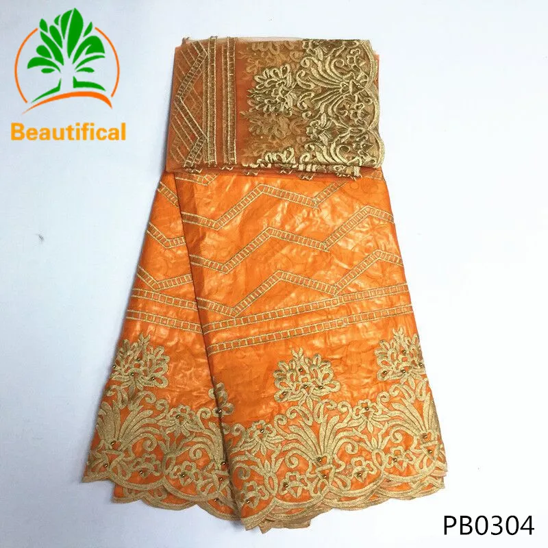 

BEAUTIFICAL Orange Bazin riche fabric embroidered with beads 2019 latest riche getzner high quality net lace set PB03