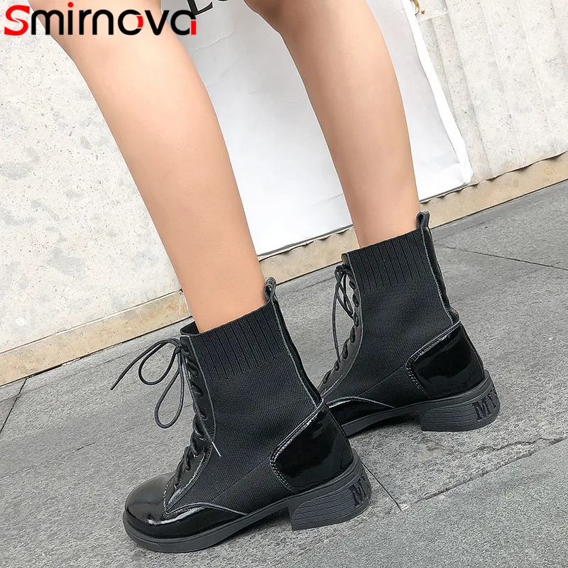 

Smirnova 2019 new ankle boots round toe lace up square heels ladies shoes autumn winter boots black casual women boots big size