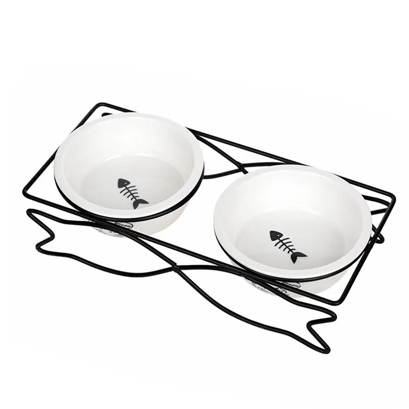 HOOPET Pet Dog Cat Lovely Food Water Ceramic Bowl Two Bowls with Steel Frame