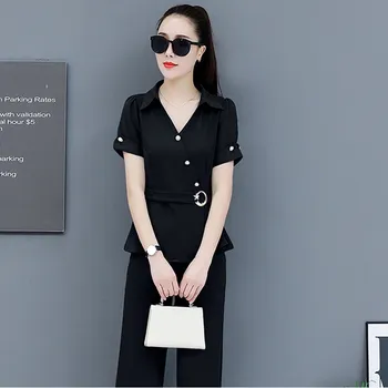 

2019 Summer Chiffon Office 2 Piece Sets Plus Size Short Sleeve Blouses And Wide Leg Pants Suits Casual Fashion Womens Set