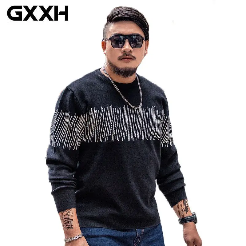 

GXXH Autumn Basic Men's Sweaters New Fashion Striped Loose Knitted Pullovers Easy Match Man Sweaters Show Thin Plus Size XXL-7XL