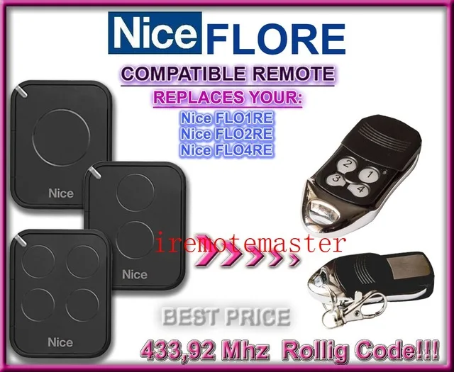 

2pcs Free Shipping The remote replace For Nice remote FLO1RE,FLO2RE,FLO4RE 433,92MHZ Rolling code remote control