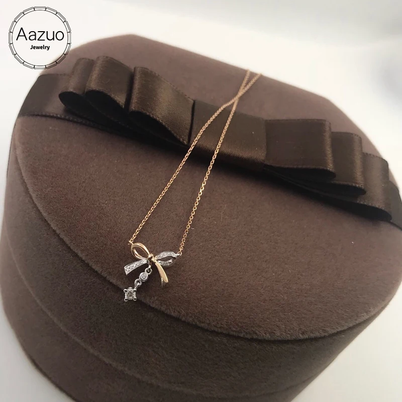 

Aazuo 100% 18K Rose Gold White Gold Real Diamonds OL Fashion Bow Necklace gifted for Women Wedding 18 Inch Link Chain Au750