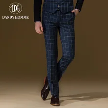 Dandy Homme High Quality 2015 Men Autumn Winter Warm Super Slim Blue Plaid Formal Suits Long Pants Fashion Wedding Groom Pant