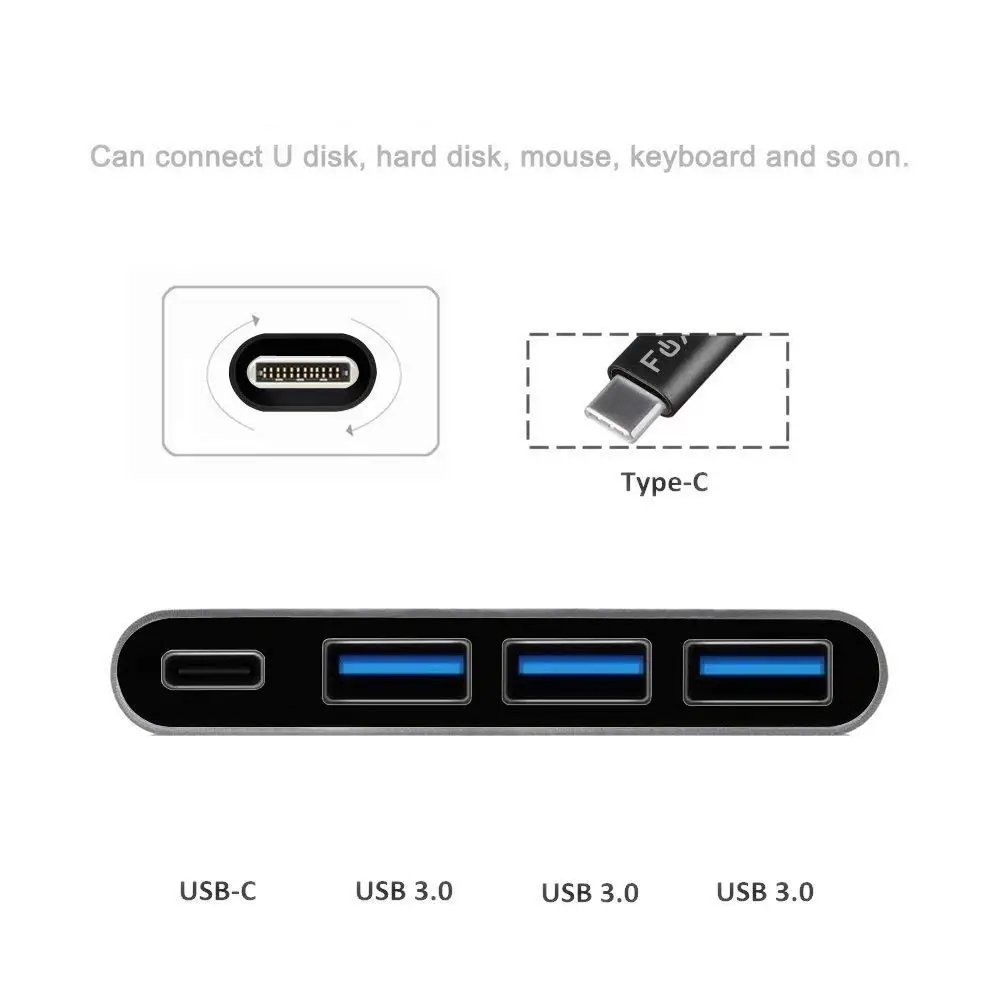 4-in-1 USB-C المحور مع 3 منافذ usb 3.0 و نوع c قوة التوصيل لابل macbook/chromebook متعدد ميناء نوع الألومنيوم-c محول